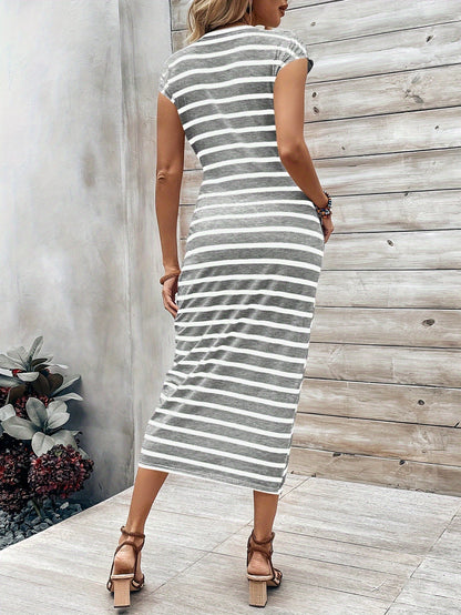 Women's Bodycon Midi Dress - Round Neck - Striped Twist Knot - Elegant Fit