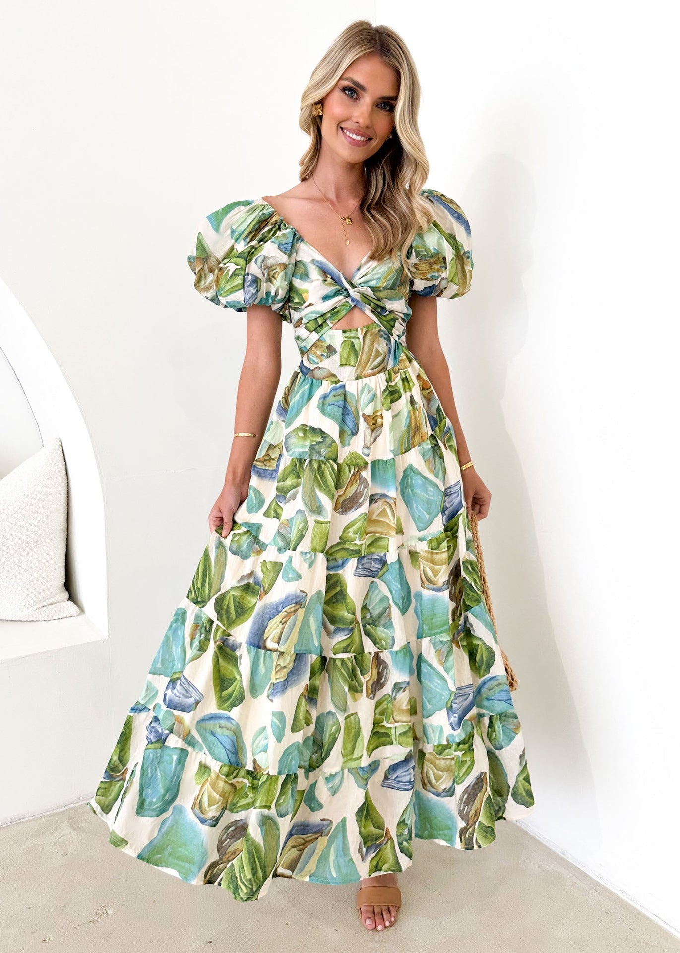 Printed Off-Shoulder Smocked Waist Maxi Dress