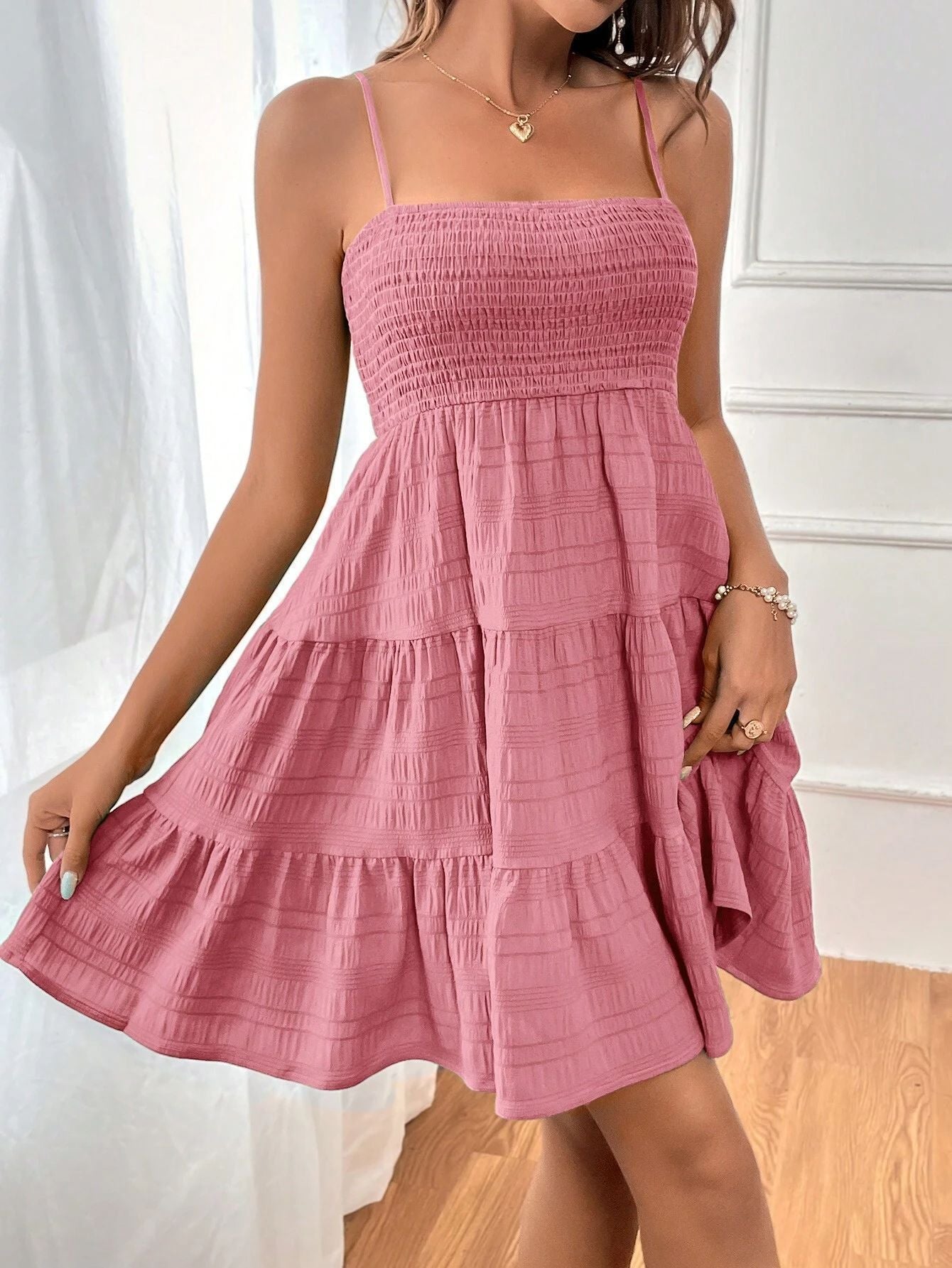 Smocked Bodice Sleeveless A-Line Short Dress