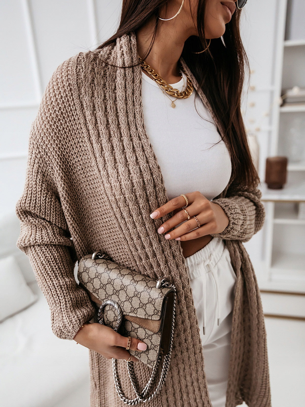 Women’s Long Cardigan – Wool Knit – Relaxed Fit – Open Front – Ribbed Texture Layer