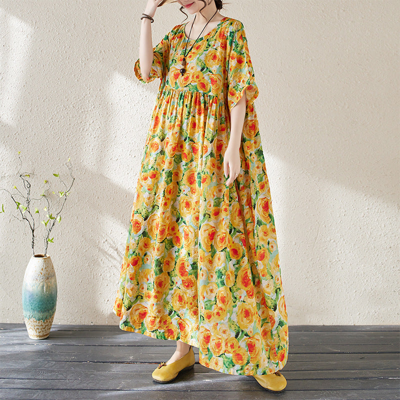Women’s Maxi Dress – Floral Print – Loose Fit – Three-Quarter Sleeve – Lightweight Fabric