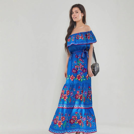 Floral Print Off-Shoulder Ruffled Maxi Dress