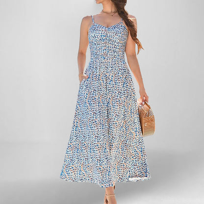 Women’s Sundress – Cotton Blend – A-Line Midi – Spaghetti Straps – Floral Print – Pockets