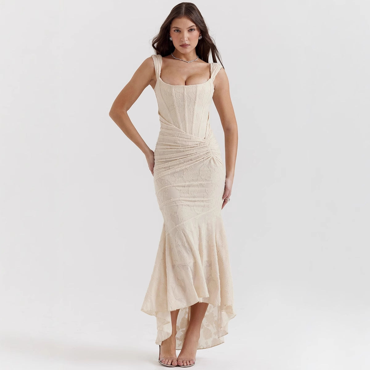 Women’s Evening Dress – One-Shoulder Mermaid Fit – Satin Finish – Ruched Waist