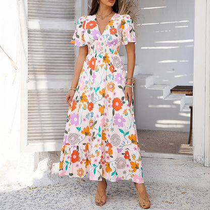 Women’s Maxi Dress – Lightweight Cotton – V-Neck – High Waist – Puff Short Sleeve