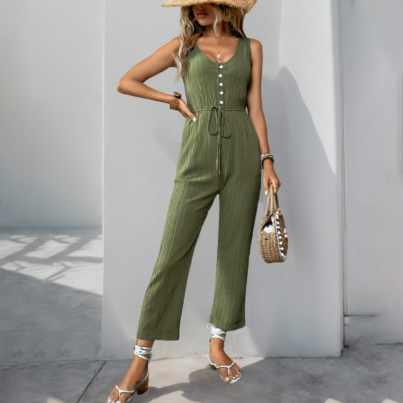Textured Belted Relaxed Fit Jumpsuit