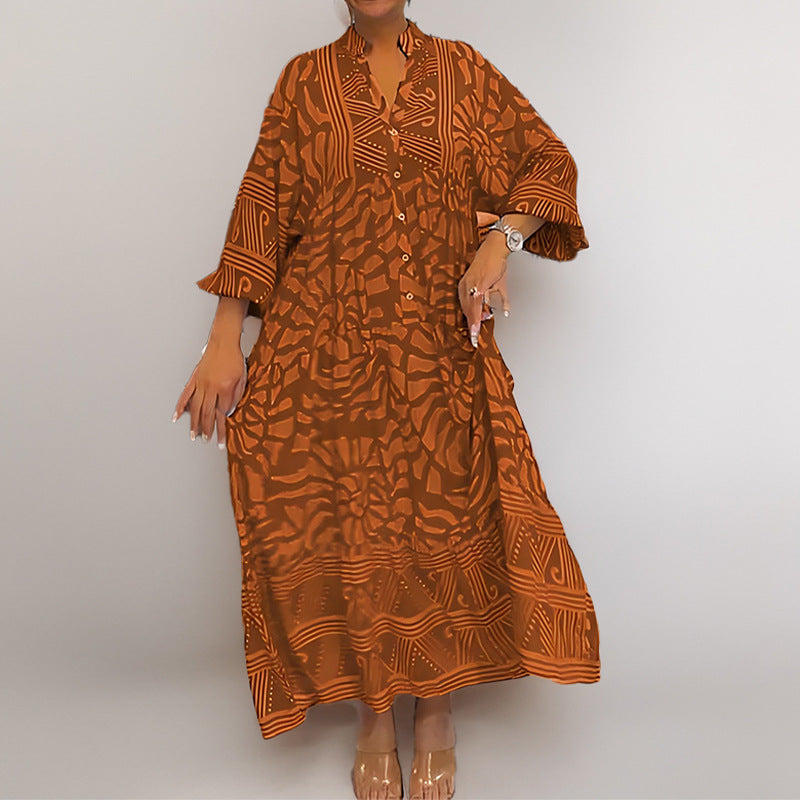 Women’s Midi Dress – Loose Fit – Lightweight Fabric – Printed – Button Front Sleeves