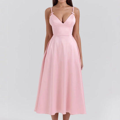 Women’s Satin Dress – V-Neck – Spaghetti Straps – Fitted Bodice – A-Line Midi Length