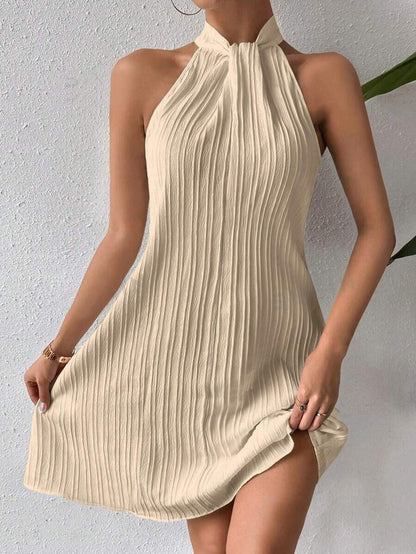 Women's Halter Neck Dress - A-Line Silhouette - Sleeveless - Elegant Pleated Design