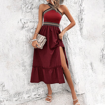 Women’s Halter Dress – Criss-Cross Neckline – Fitted Waist – High Slit – Midi Length