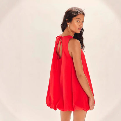 Women’s Mini Dress – 100% Cotton – Sleeveless Loose Fit – Backless Lantern Hem