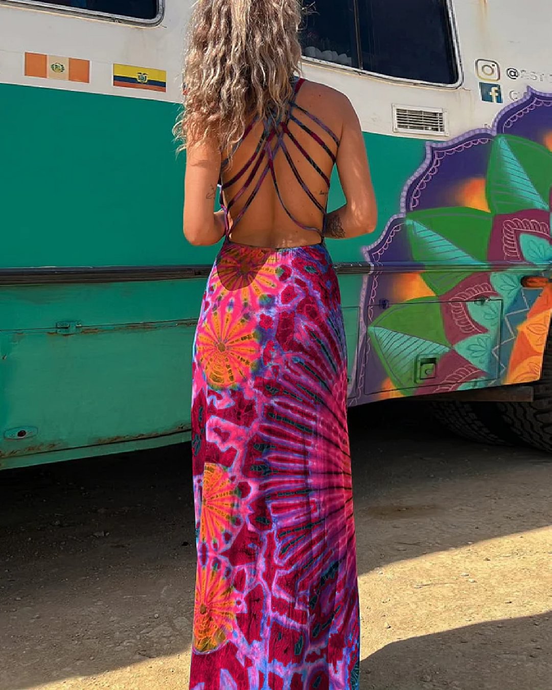 Women's Maxi Dress - Lace Detail & Tie-Dye Print