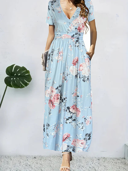 Women’s Maxi Dress – Wrap Style – Floral Print – A-Line Fit – Short Sleeve – Cotton