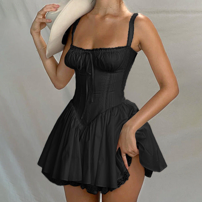 Women’s Mini Dress – Slim Fit – Corset Bodice – Lace Detail – Open Back – Pleated Skirt