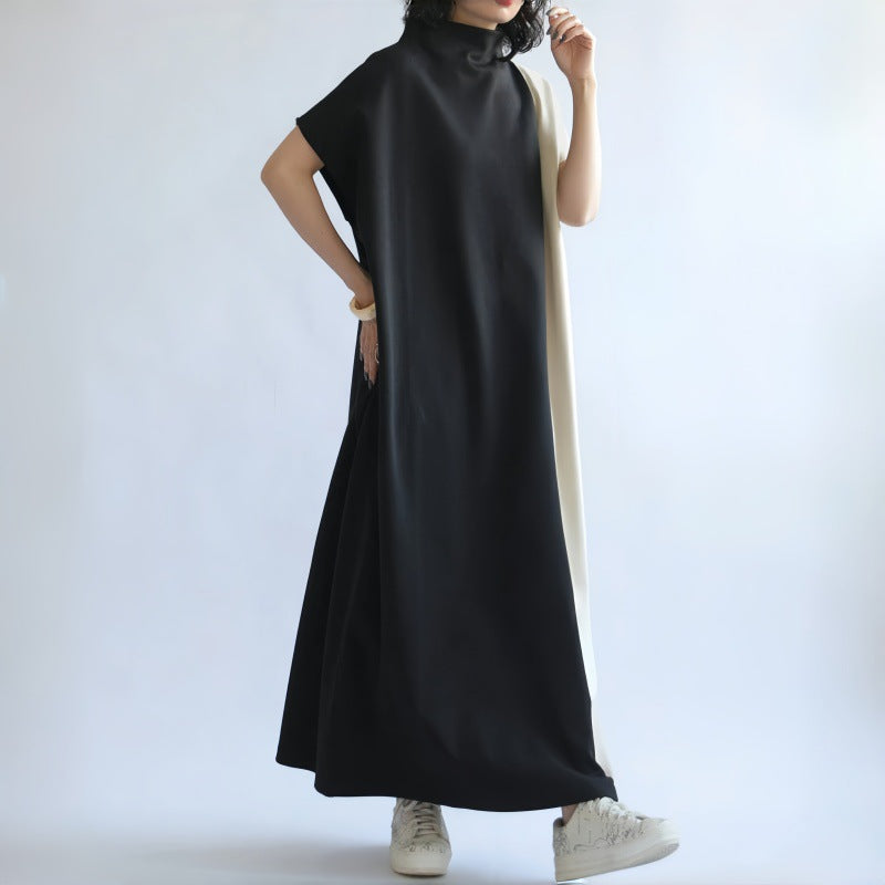 Women’s Midi Dress – Loose Fit – Half Turtleneck – Batwing Sleeve – Two-Tone Design