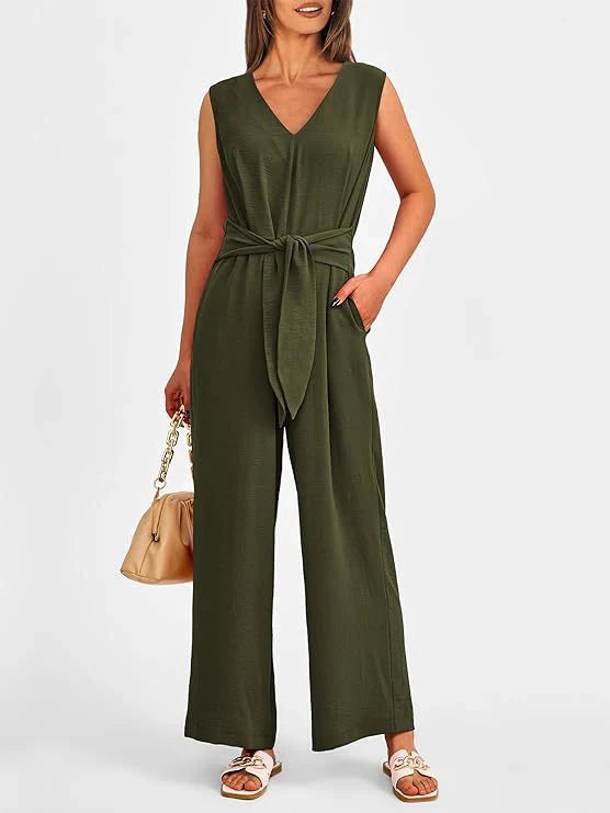 Women’s Jumpsuit – V-Neck – Sleeveless – Waist Tie – Wide Leg – Flowy Fit