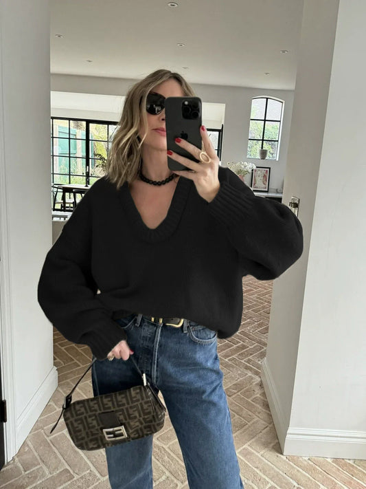 Wool Knit Loose Fit V-Neck Sweater 