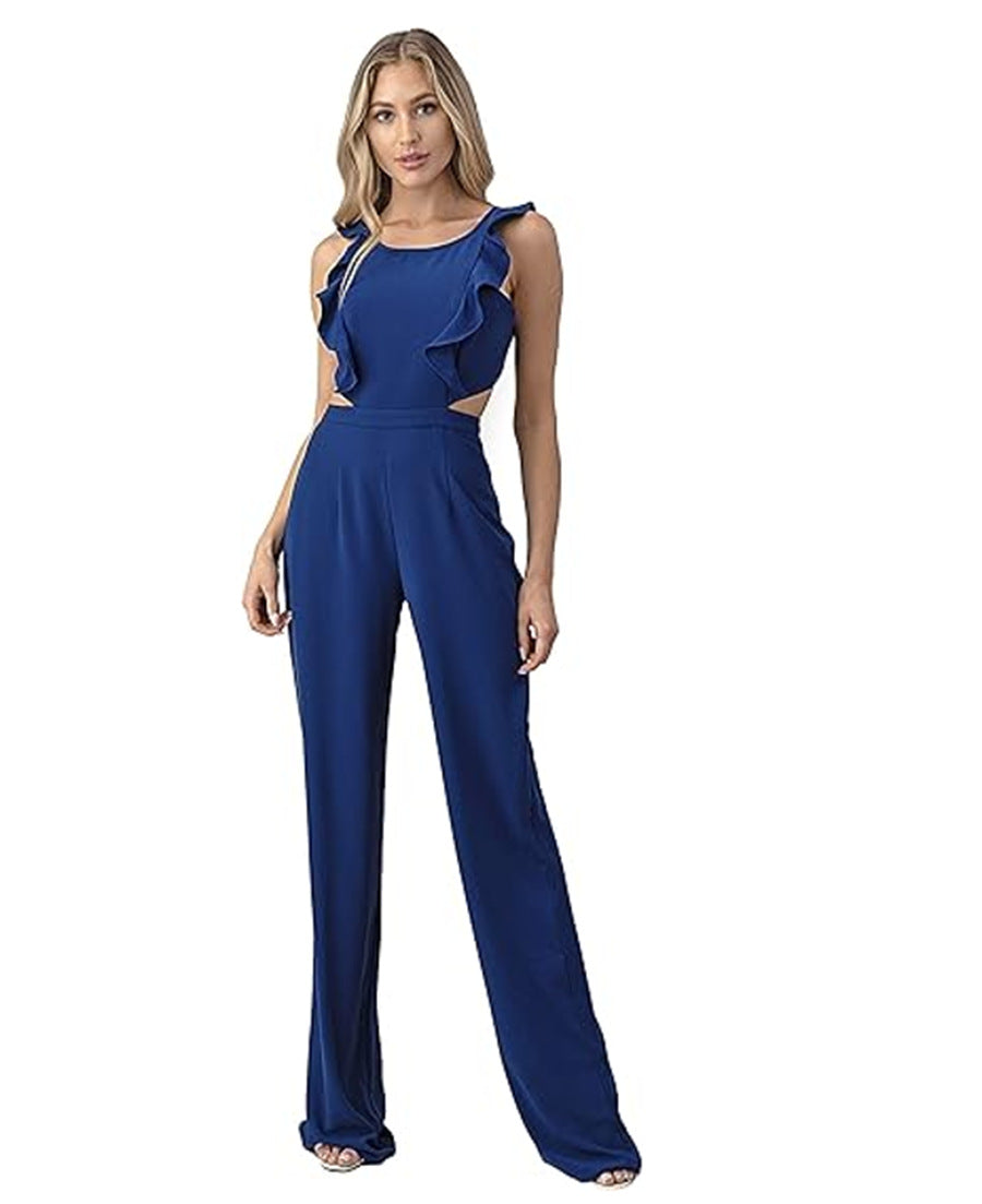 Ruffle Trim Cut-Out Waist Jumpsuit