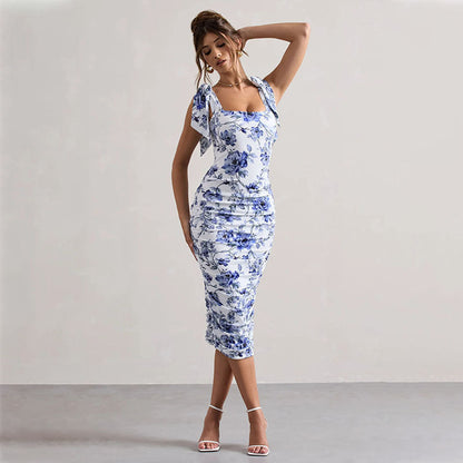 Women's Bodycon Dress - Floral Print - Tie Shoulder Straps - Slim Fit Midi-Length