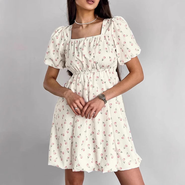 Women’s A-Line Dress – Floral Print – Puff Sleeves – Square Neck – Mini Length