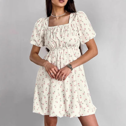 Women’s A-Line Dress – Floral Print – Puff Sleeves – Square Neck – Mini Length