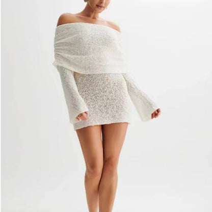 Women’s Knit Beach Dress – Off Shoulder – Slim Fit – Semi Sheer – Flared Sleeve Cover Up