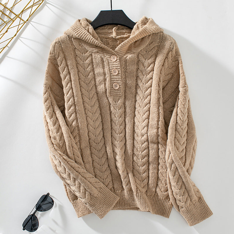 Women's retro buttoned cable knit hoodie sweater