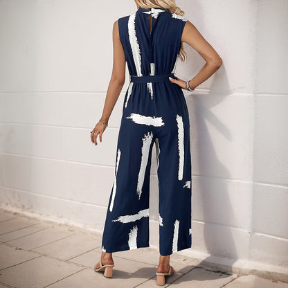 Women’s Jumpsuit – Sleeveless Wide Leg – Tie Waist – Lightweight Printed Fabric