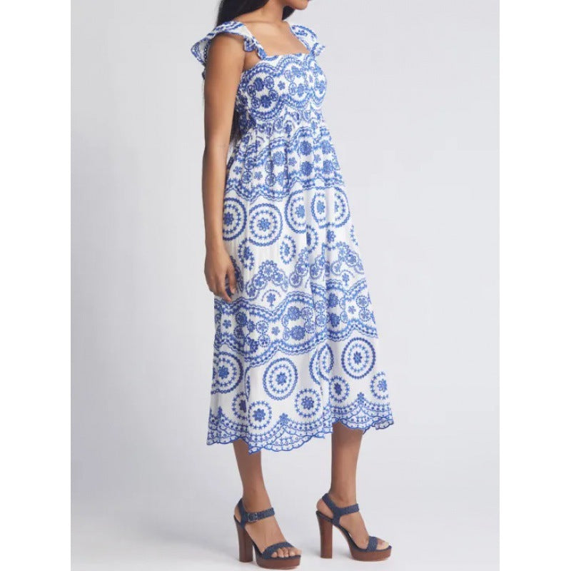 Women’s Midi Dress – Lightweight Cotton – Square Neck – Ruffle Sleeve – Relaxed Fit