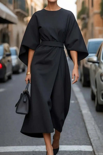 Women’s Long Dress – Batwing Sleeves – Draped Silhouette – Fitted Waist – Formal Wear