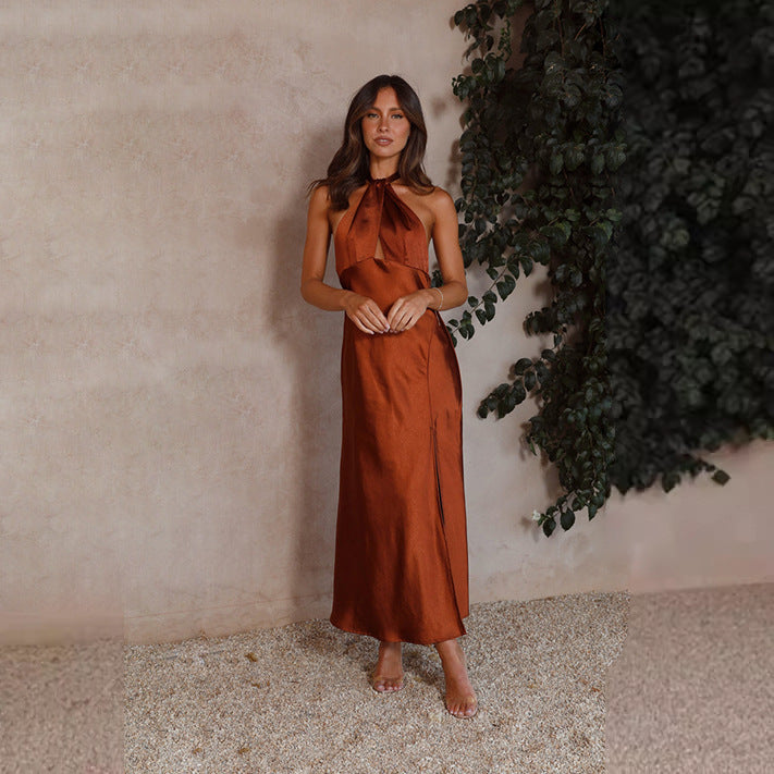 Satin Fitted Keyhole Halter Dress