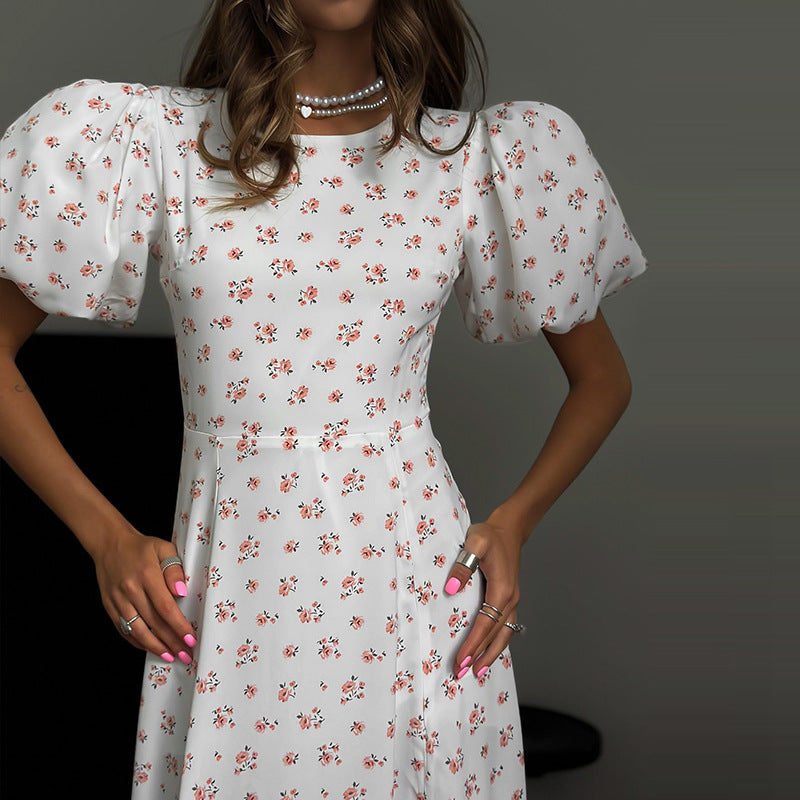 Floral Puff Sleeve High Slit Dress