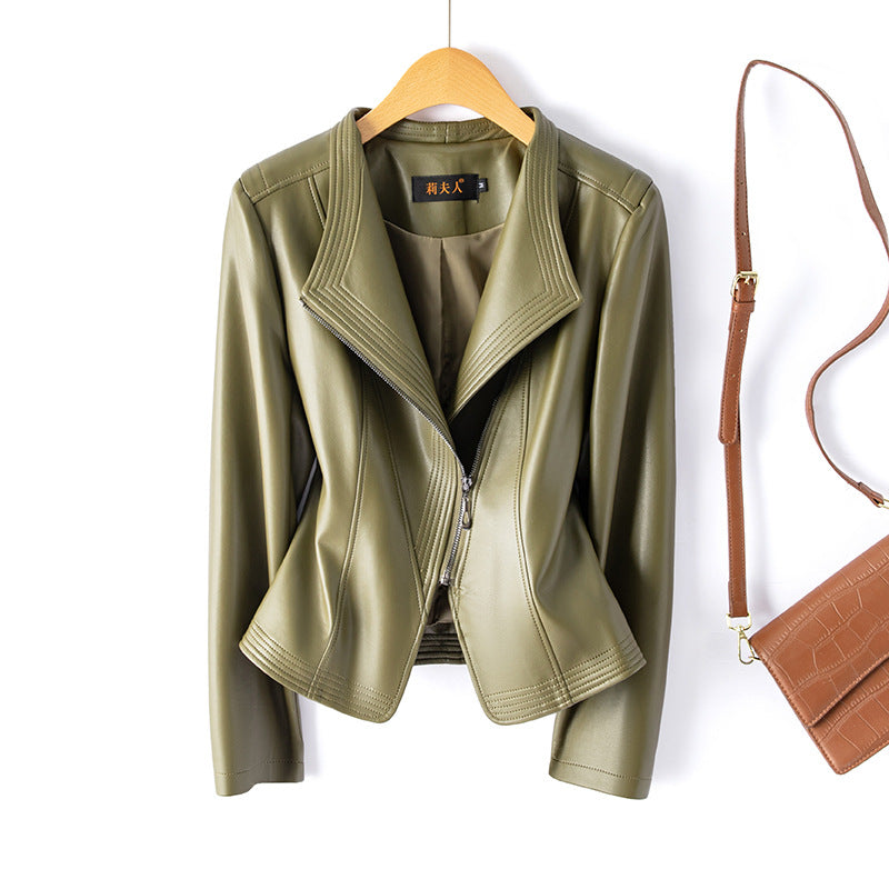 Faux Leather Cropped Notched Asymmetrical Jacket