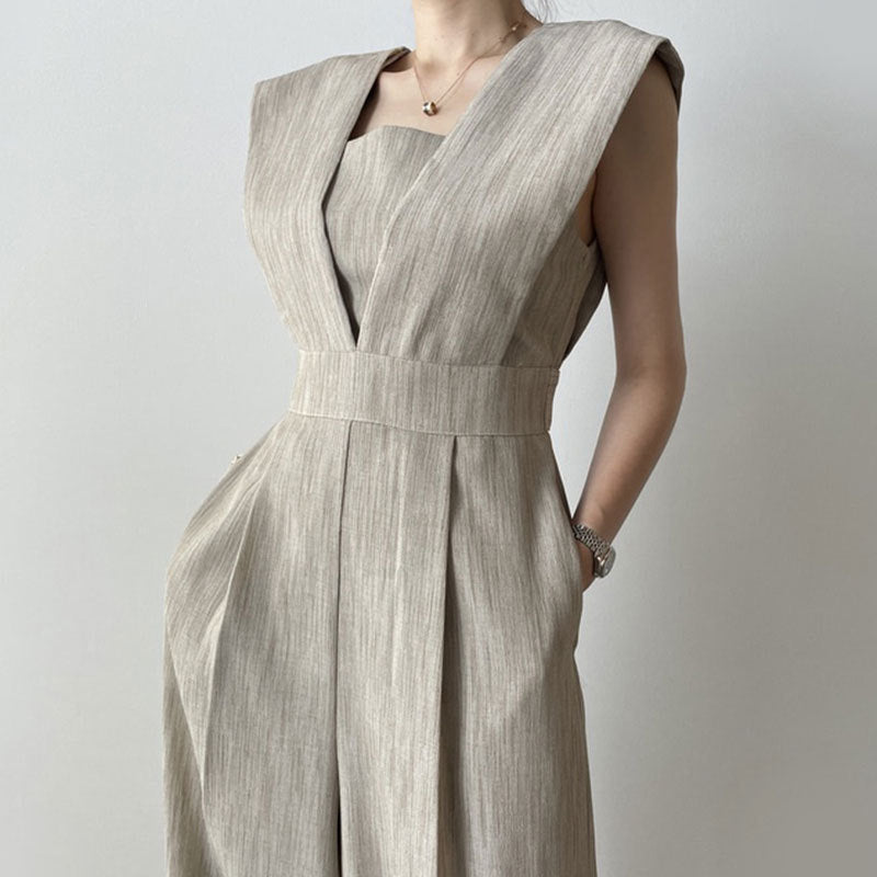 Women’s Sleeveless Jumpsuit – Square Neck – High Waist – Wide Leg – Full Length Fit