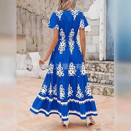 Women’s Maxi Dress – Bohemian Floral Print – Tiered A-Line Fit – V-Neck Short Sleeve