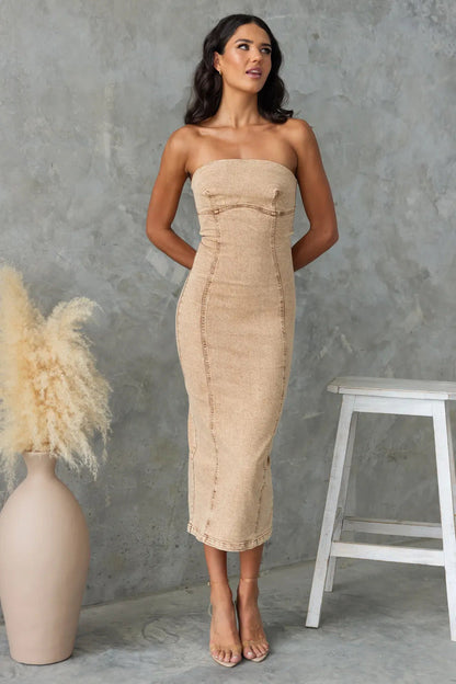 Women’s Strapless Midi Dress – Slim Fit Denim – Structured Panel Design