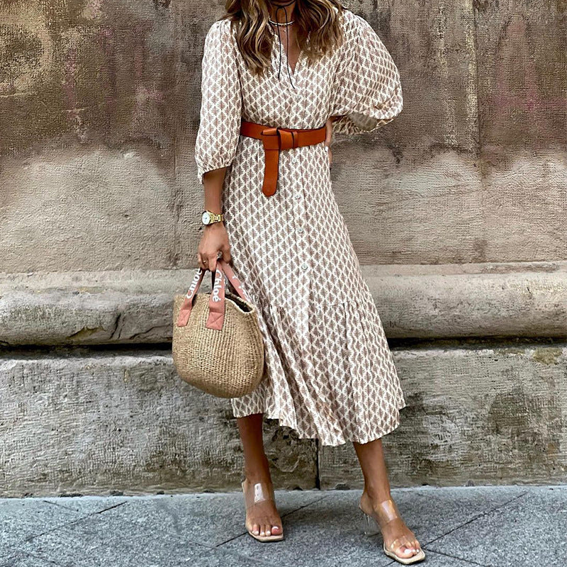Printed Breathable Belted Waist Long Dress 