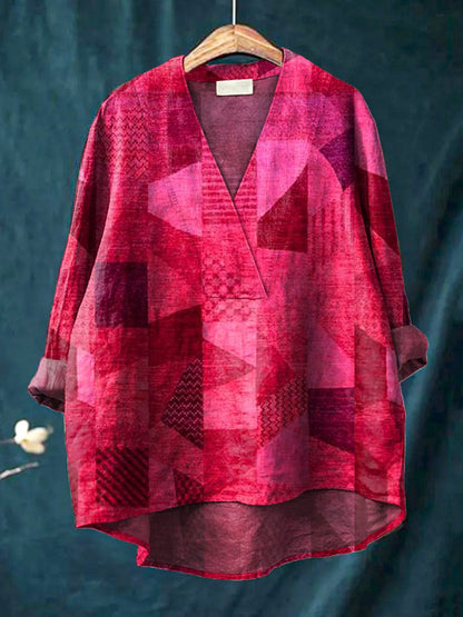 Women’s Long Sleeve Shirt – Relaxed Fit – V-Neck – Rolled Sleeves – Digital Print