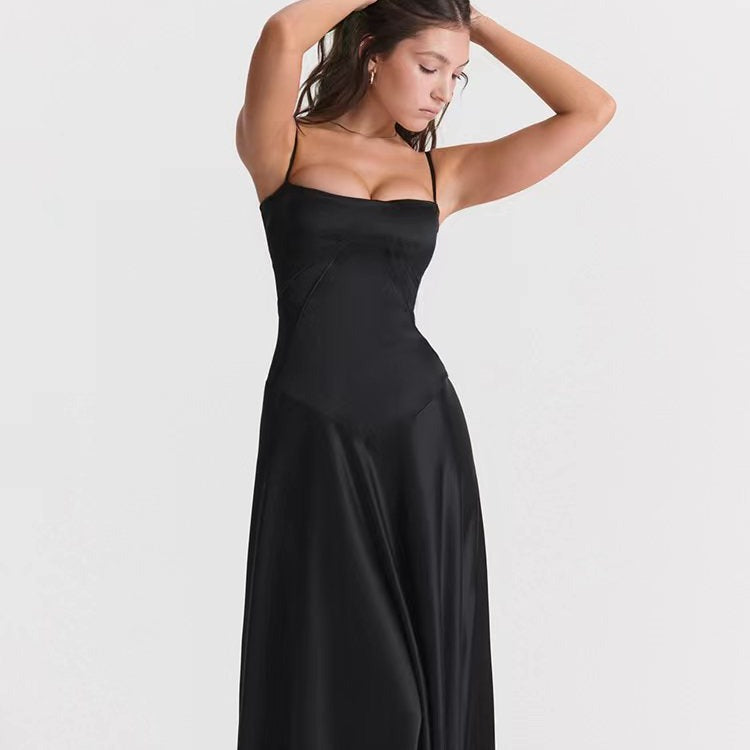 Women’s Evening Gown – Satin Finish – Spaghetti Strap – Open Back – Floor Length