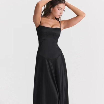 Women’s Evening Gown – Satin Finish – Spaghetti Strap – Open Back – Floor Length