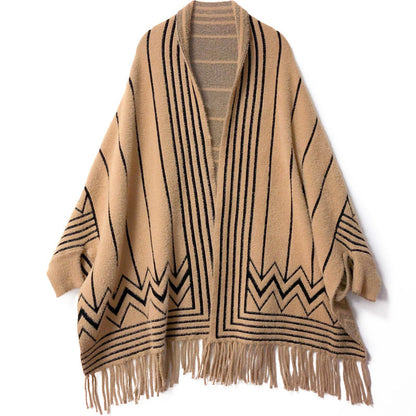 Women's mid-length faux mink fringe batwing knitted cardigan