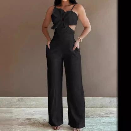 Women’s Jumpsuit – Wide Leg – Backless – Bow Front – Cut-Out – Spaghetti Straps