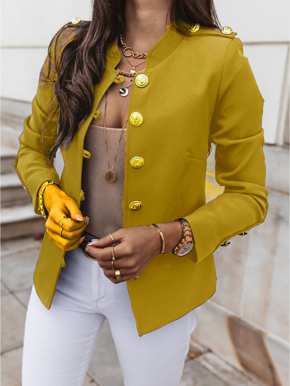 Women’s Blazer – Slim Fit – Structured Silhouette – Gold Button – Mandarin Collar
