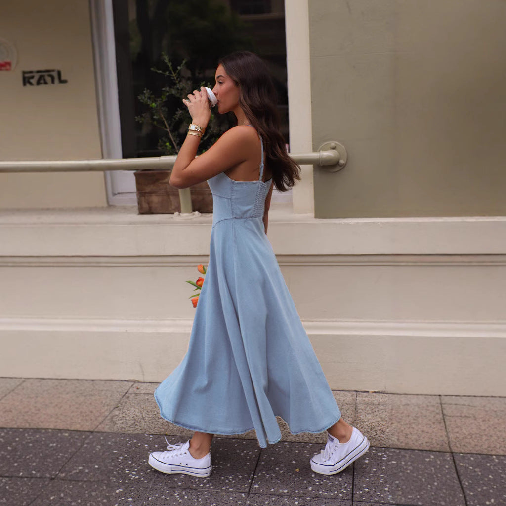 Women’s Midi Dress – Slim Fit – Sweetheart Neckline – Spaghetti Straps – Denim Look