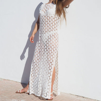 Women’s Maxi Dress – Crochet Knit – Sleeveless Sheer – Relaxed Fit Side Slit