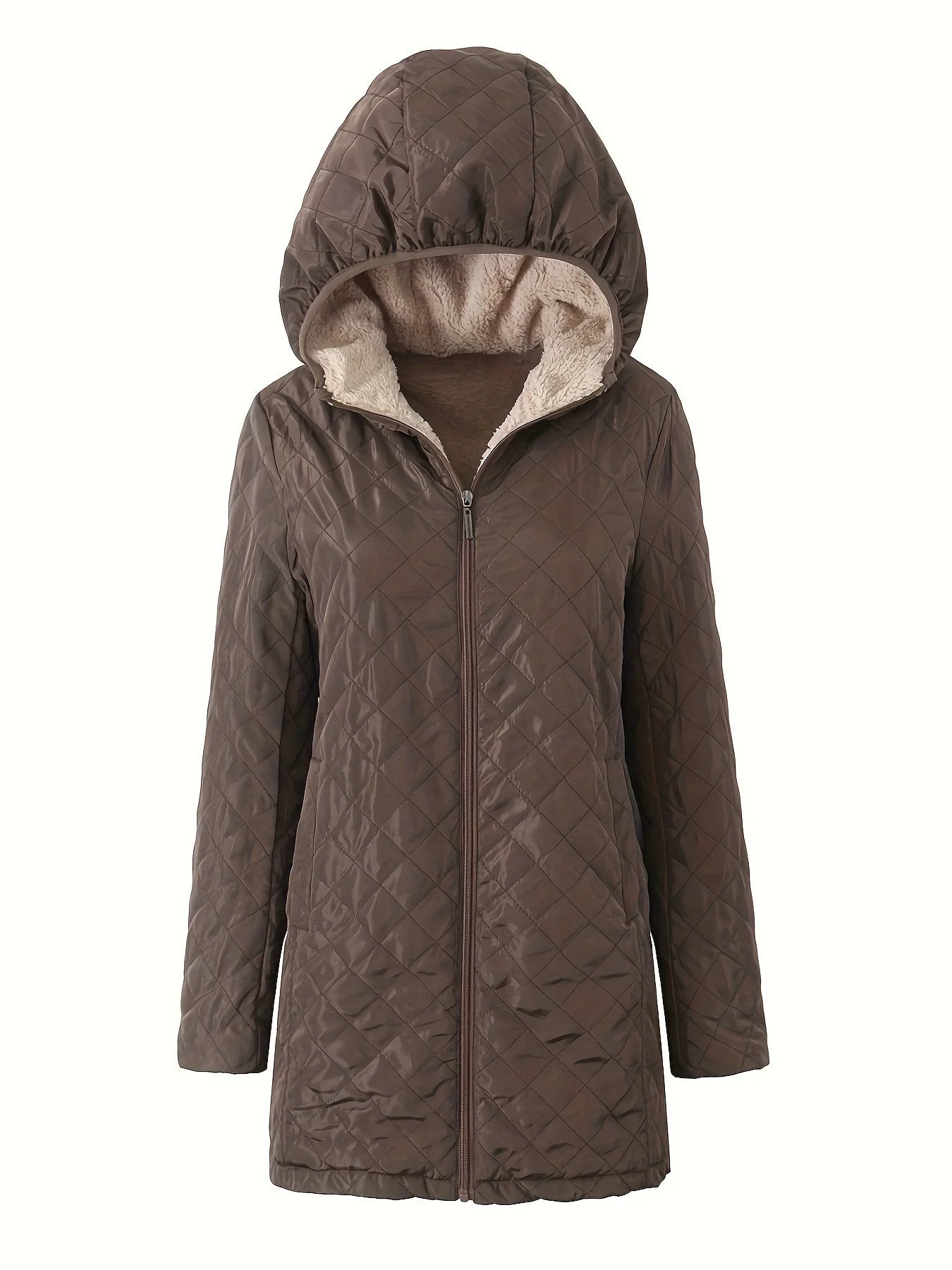 Women’s Quilted Hooded Jacket – Plush Lined – Relaxed Fit – Mid-Thigh Length Warm Outerwear
