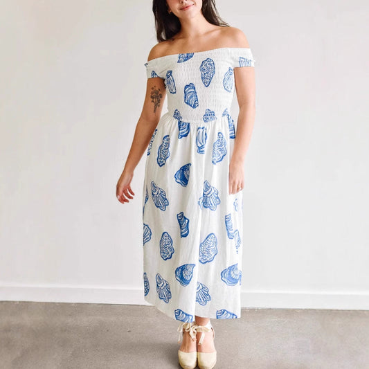 Shell Print Off-Shoulder Cotton Midi Dress
