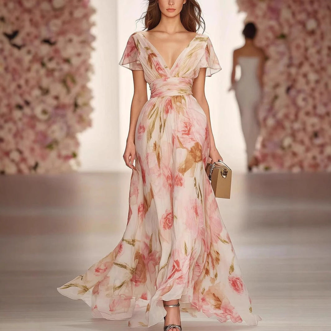 Women’s Maxi Dress – Fit and Flare – Chiffon – Deep V-Neck – Flutter Sleeve Floral