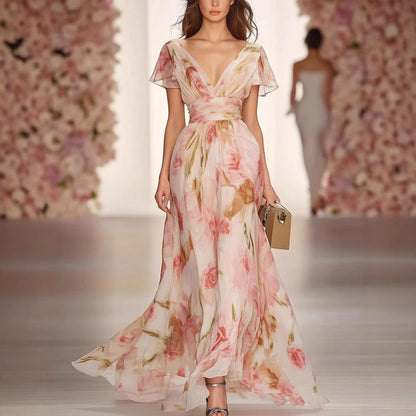 Women’s Maxi Dress – Fit and Flare – Chiffon – Deep V-Neck – Flutter Sleeve Floral