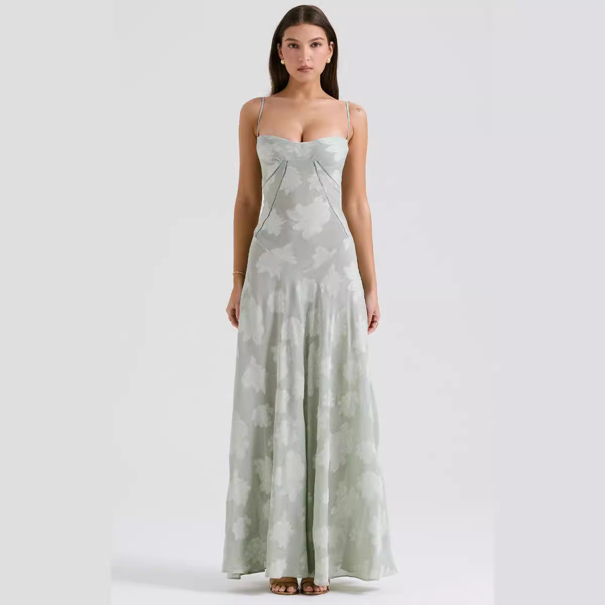 Women’s Evening Gown – Chiffon Slim Fit – Spaghetti Strap – Embroidered Full Length